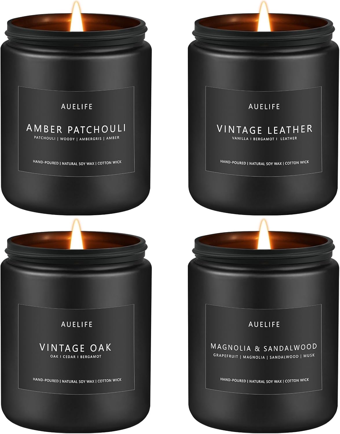 Scented Candles Set | Candle for Men, Soy Candles for Home Scented, Gifts for Men - Mens Gifts, 4 Pack Candle Gift for Dad Fathers Day (Leather/Vintage Oak/Amber Patchouli/Magnolia & Sandalwood)
