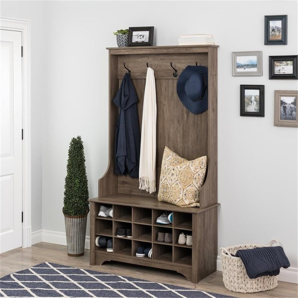 Prepac Entryway Organizer with 4 Coat Hooks, Coat Rack Hall Tree with Bench and Coat Storage