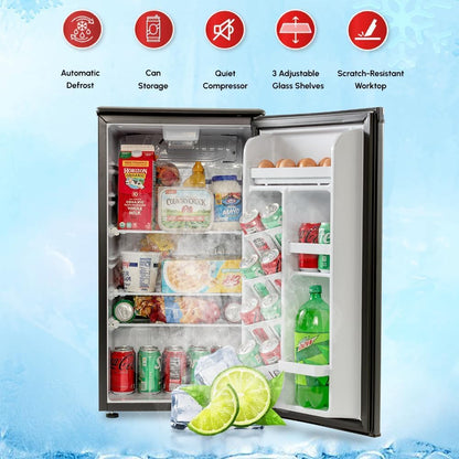 E-Star 3.3 Cu Ft Mini Fridge without Freezer - AUTO DEFROST, Reversible Single Door, Glass Shelf Refrigerator - A Space-Saving Marvel for Your Bedroom, Dorm, and Office