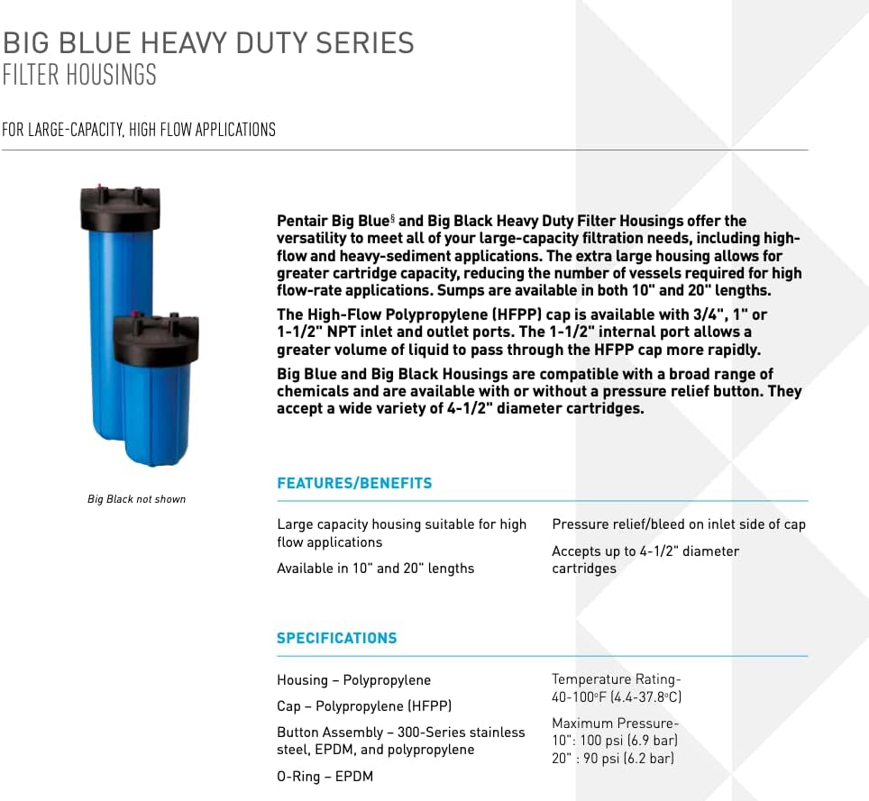 Pentair Pentek 150236 Big Blue Filter Housing, 1 1/2" NPT #20 Whole House Heavy Duty Water Filter Housing with High-Flow Polypropylene (HFPP) Cap, 20-Inch, Black/Blue