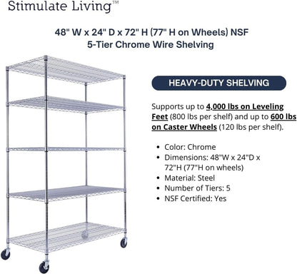 48"x24"x72" Prime Heavy Duty Chrome 5-Tier Steel Wire Shelving NSF 4000 LBS MAX Capacity Storage Rack for Commercial, School, Home, Garage, Warehouse, Industrial, and Hospital Uses (with Wheels)