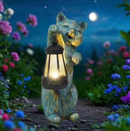 Garden Statues Cat with Solar Lantern Outdoor Bunny Figurines Decorations for Patio Yard Lawn Ornaments Gifts for Birthday Easter Housewarming Mother's Day