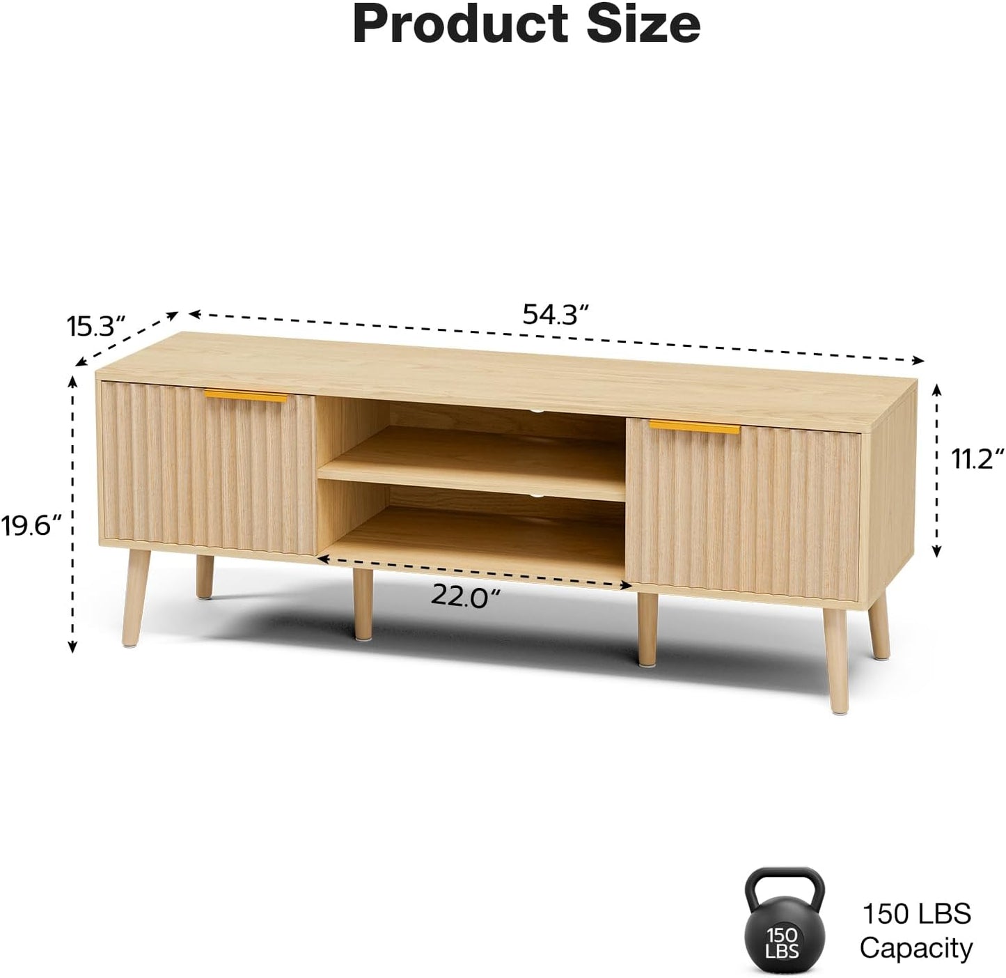 TV Stand for Living Room, Boho Entertainment Center for 55/60/65 inch TVs, Media Console with Fluted Door Cabinets and Open Shelves, for Bedroom, Oak