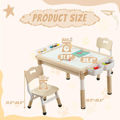 Multi Functional Kids Table and 2 Chairs Set, Graffiti & Building Blocks Double-Sided Tabletop, Toddler Play Table with Drawers, Large Storage Space, Gift for Boys/Girls, Burlywood