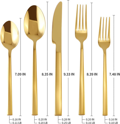Stainless Steel Flatware Set Hand Forged 18/10 Silverware Set Cutlery Set Gold Cuboid Handle Mirror Finished 20 Pieces Service for 4