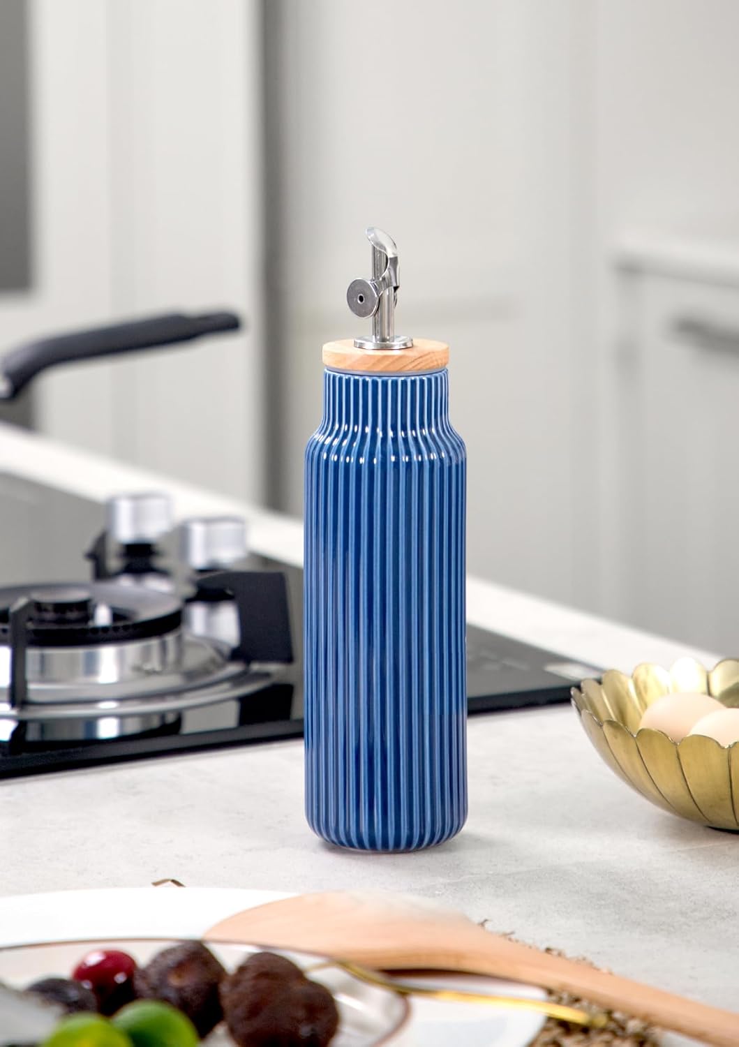 Nucookery Ceramic Olive Oil Dispenser Bottle for Kitchen, 14 oz Opaque Vinegar Dispenser Bottle, Large Capacity Cooking Oil Container for Storage Vinegar, Soy Sauce, Coffee Syrup, Blue