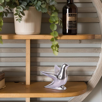 Silver Decor Accents – Modern Silver Ceramic Bird Figurine, 5.1in Decorative Bird Statue for Shelf, Table or Bathroom, Small Animal Sculpture Gift for Bird Lovers, Bird Room Decor