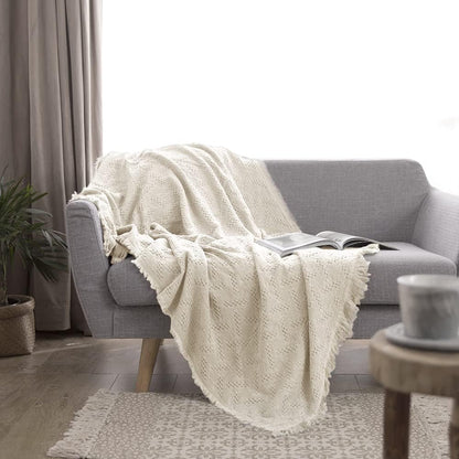 Simple&Opulence 100% Cotton Throw Blanket for Bed, Couch, Boho Luxury Geometric Knit Woven Blanket with Tassels Soft Lightweight Cozy Breathable, Vintage Farmhouse Decoration for All-Season(White)