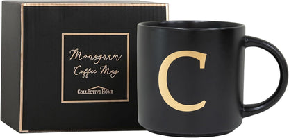 COLLECTIVE HOME - Monogram Ceramic Mugs, 15 oz Golden Initial Black Coffee Cups, Elegant Alphabet Tea Mugs, Elegant Personalized Mug with Gift Box, Unique Mug with Double Side Capital Lette (C)