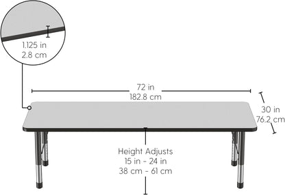 FDP Rectangle Activity School and Classroom Kids Table (30 x 72 inch), Chunky Toddler Leg, Adjustable Height 15-24 inches - Gray Top and Black Edge