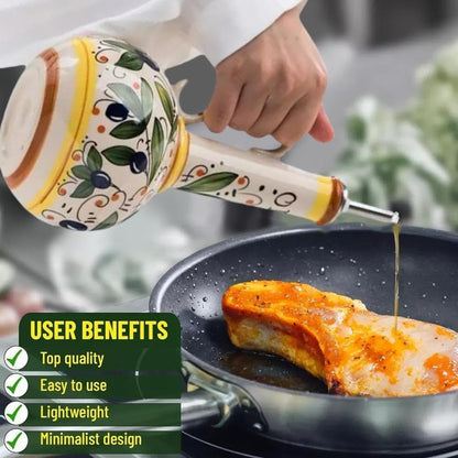 Italian Ceramic Olive Oil Dispenser Bottle 23oz, Hand Painted Olive Oil Bottles, Decorative Stoneware Olive Oil Cruet for Kitchen with Stainless Steel Spout for Oils, Sauces, Vinegar