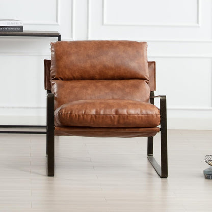 DUOMAY Mid-Century Accent Chair Armchair, Comfy PU Leather Leisure Chair Lazy Chair with Brozen Metal Leg for Living Room Bedroom Office Apartment, Brown
