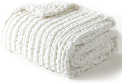 YnM Chunky Throw Blanket, Medium-Weight, Hand Knitted with Chenielle Yarn, Skin Friendly, Ventilated and Breathable, Machine Washable, Home Décor Piece for Couch, Sofa and Bed (White, 60x80 Inch)