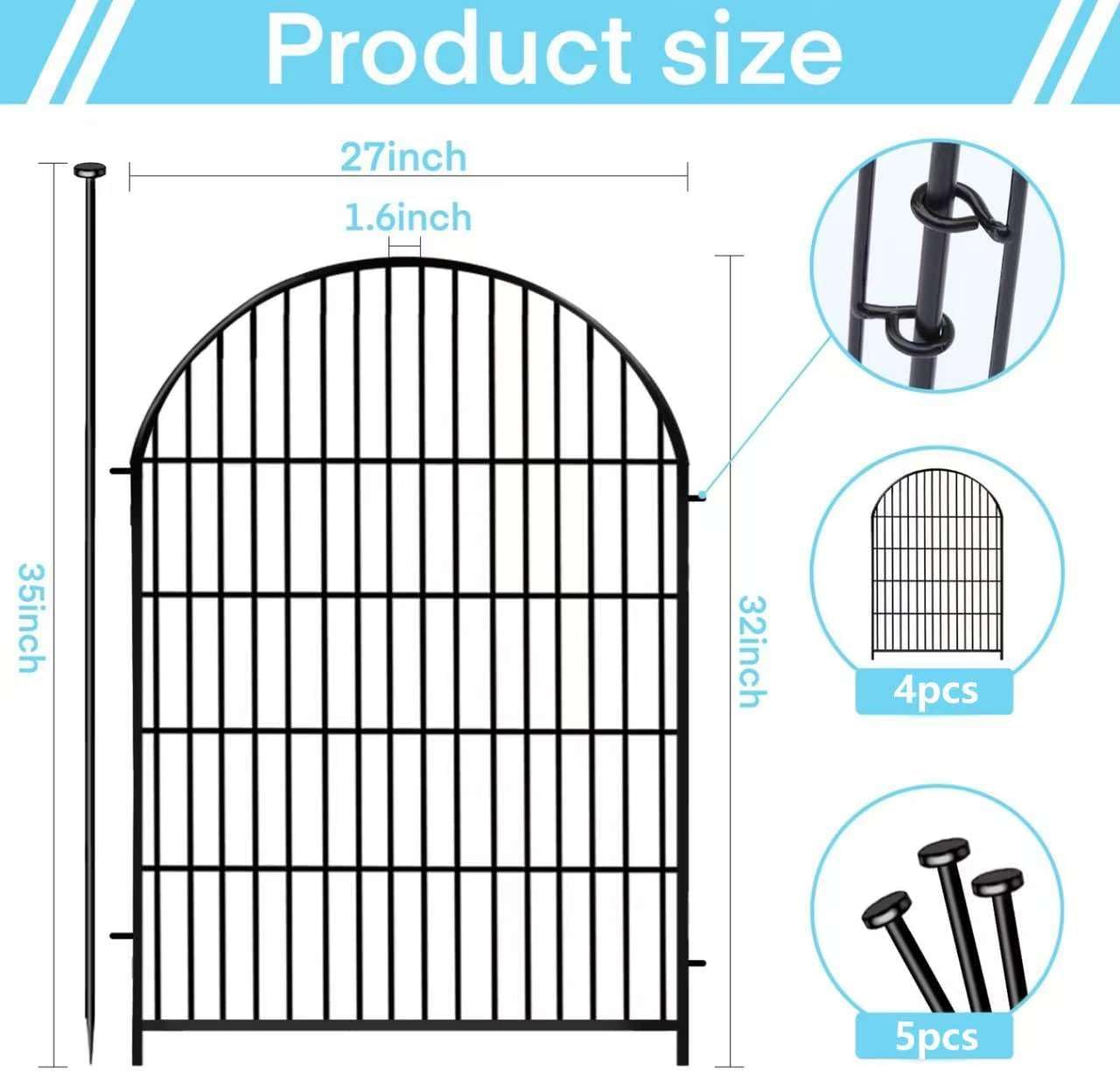 Tall Garden Fence Animal Barrier, 32 in(H) x8.8 Ft(L) 4 Panels Garden Fence with Gate, Dog Fence Outdoor for Yard, Arched Rustproof Metal No Dig Fences for Dogs, Flower Bed Fencing