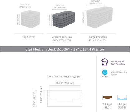 Crescent Garden TruDrop Self Watering Slat Medium Rectangular Planter Box for All-Weather - Outdoor Deck Box Planter for Flowers and Herbs, 36'' x 17'' x 17''H (Shadow)
