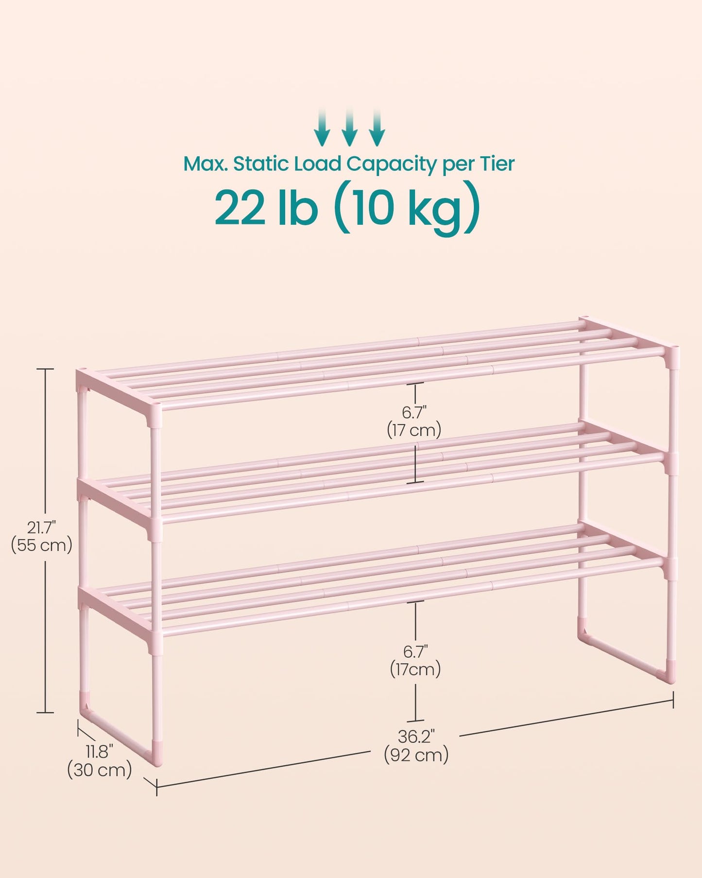 SONGMICS Shoe Rack, 3-Tier Shoe Organizer, Metal Storage Shelf, Upright or Upside Down, for 16-20
