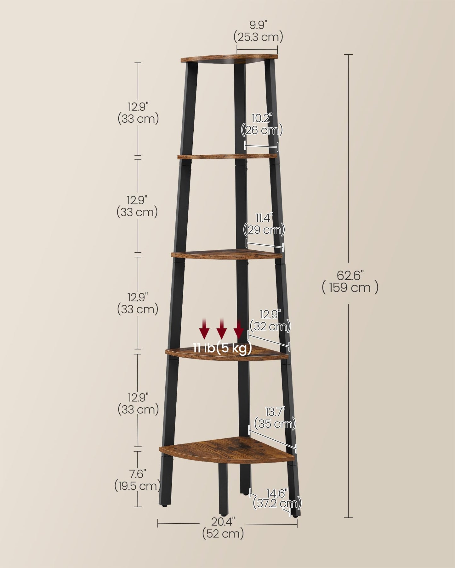 VASAGLE Corner Shelf Stand, 5-Tier Corner Bookshelf, Industrial Ladder Shelf, Plant Stand for
