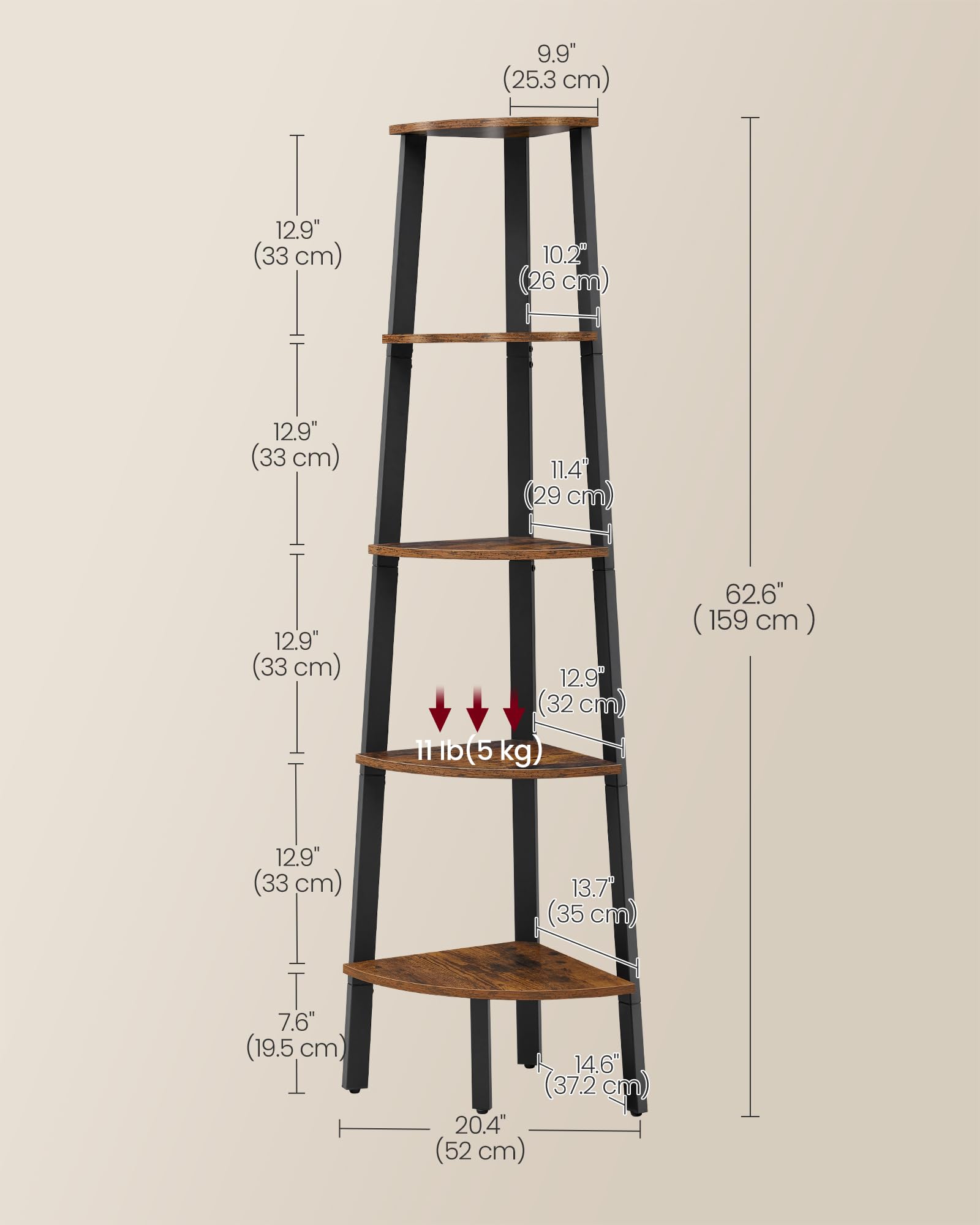 VASAGLE Corner Shelf Stand, 5-Tier Corner Bookshelf, Industrial Ladder Shelf, Plant Stand for