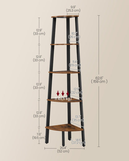 VASAGLE Corner Shelf Stand, 5-Tier Corner Bookshelf, Industrial Ladder Shelf, Plant Stand for