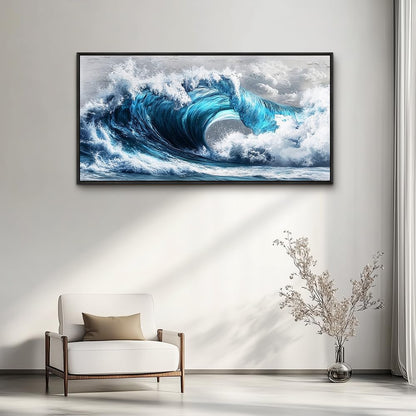 PHAOHUAXM Blue Wave lPaintings Wall Art For Living Room Wall Decor For Bedroom Ocean Inspiration Wall Pictures Office Decor Posters Modern Printing Canvas Artwork Home Decor Black Framed 20x40 In