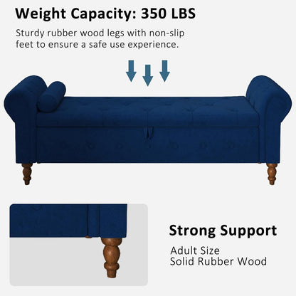 Storage Ottoman Bench for Bedroom, 63" End of Bed Bench with Rolled Arms Upholstered Ottoman Bench Fit for Bedroom, Living Room, Entryway, Velvet Navy Blue