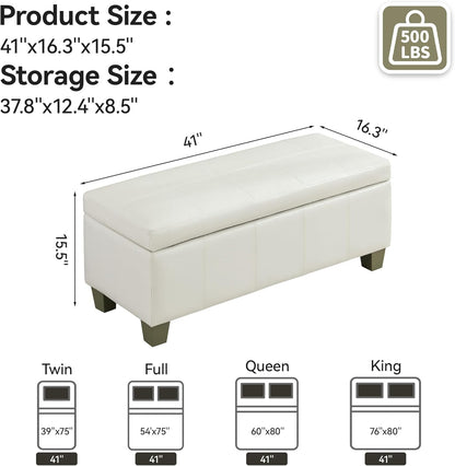 41" Faux Leather Storage Ottoman, Stitch Tufted Rectangle Upholstered End of Bed Storage Bench, Entryway Large Couch Ottoman with Wooden Legs,White