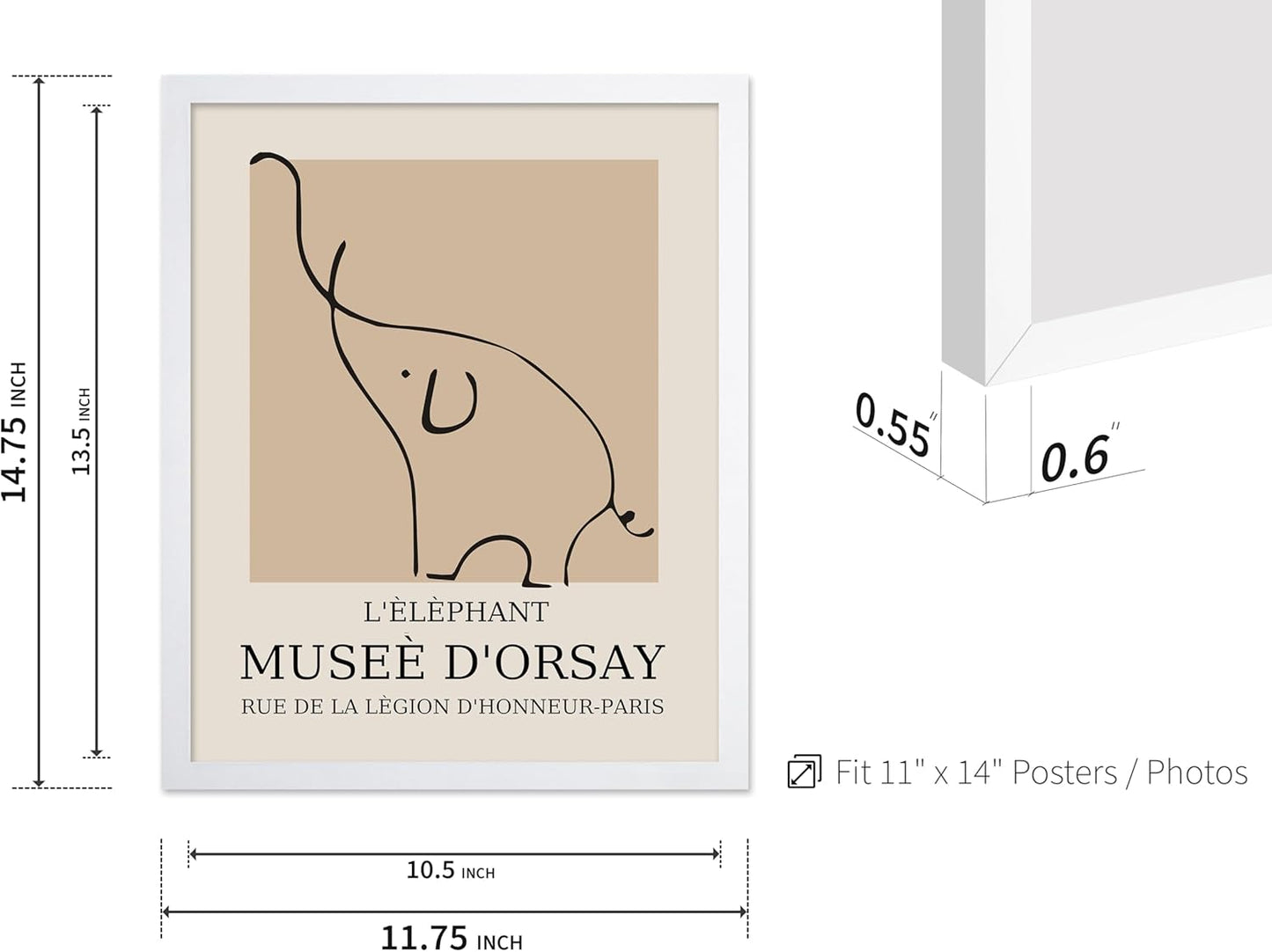 Poster Master Vintage Poster - Retro Minimalist Print - Gift for Artist, Housewarming - Elephant, Line Drawing, Sketch, Abstract - Wall Decor for Living Room, Bedroom, 11x14 White Framed