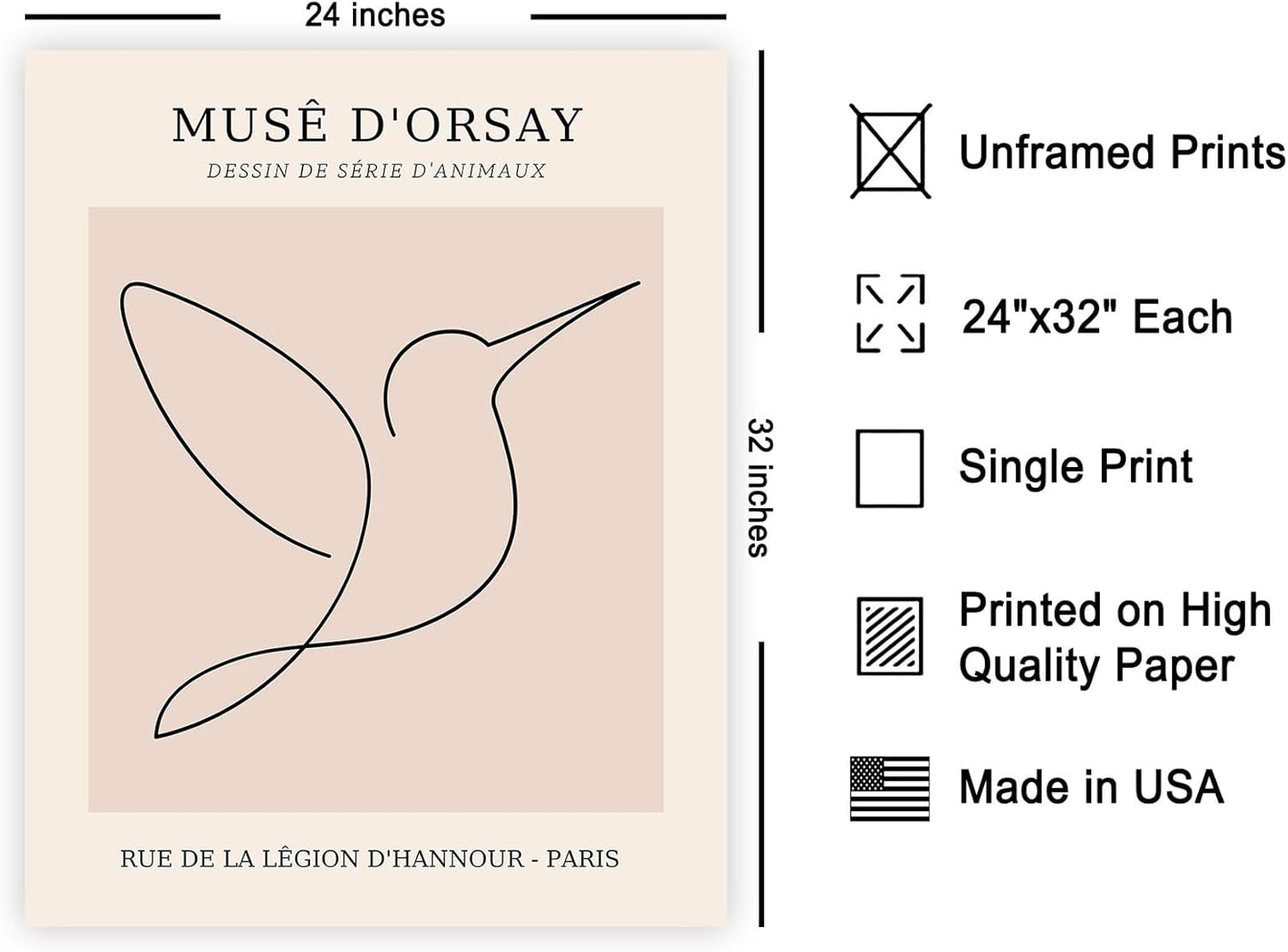 Poster Master Vintage Poster - Retro One Line Hummingbird Drawing Print - Bird Line Art - Minimal Gift for Him, Her, Animal Lover - Abstract Decor for Home, Office, 24x32 Unframed Wall Art