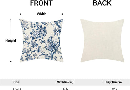 Navy Blue Spring Floral Pillow Covers 16 x 16 Inch Set of 2 for Vintage Chinoiserie Flowers Bird Decor Throw Pillows Plant Farmhouse Outdoor Decorative Cushion Cases for Couch Bed Decorations