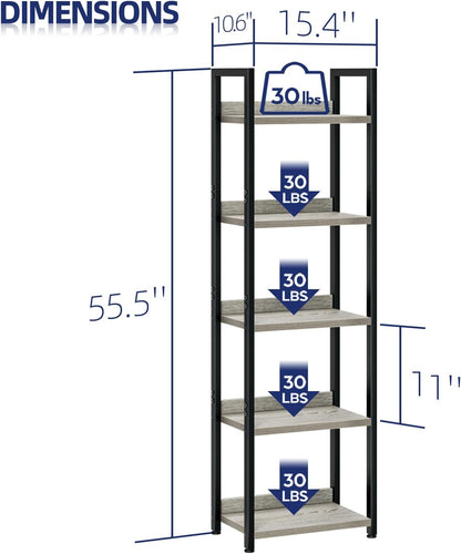 NUMENN Narrow Bookshelf, 5 Tier Bookshelves, Home Office Bookcase Shelf Storage Organizer, Free Standing Storage Shelving Unit for Bedroom, Living Room and Home Office, Grey