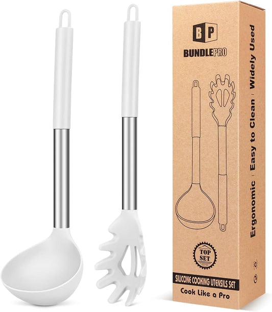 Silicone Pasta Fork and Ladle Spoon Set, Large Non Stick Kitchen Utensils for