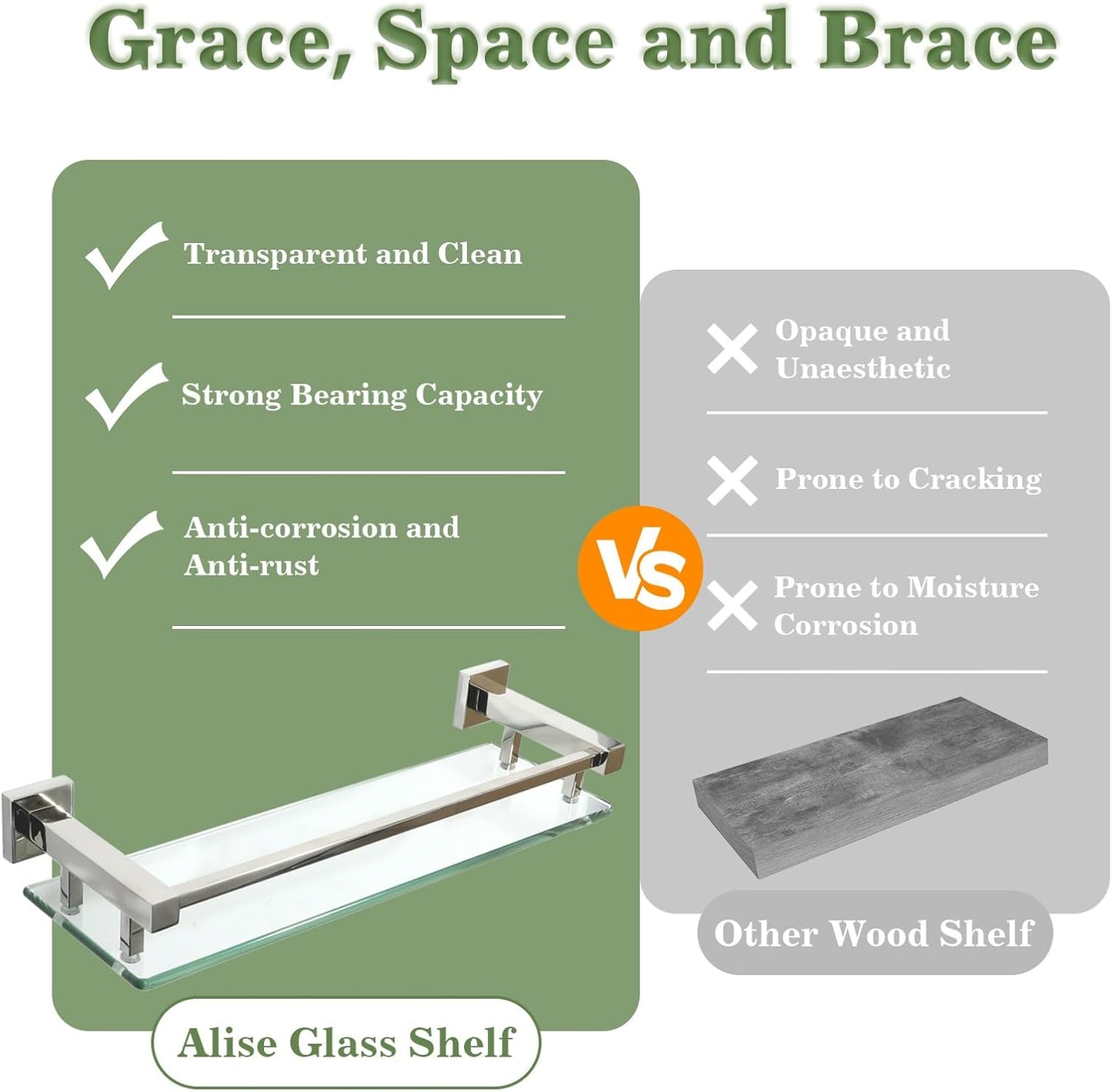 Alise Glass Shelves for Bathroom Wall, Tempered Glass Bathroom Shelf Wall Mounted, Modern Space Saving Floating Shelves 12 inch, Polished Chrome