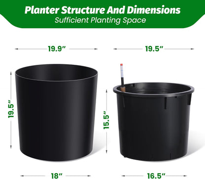 Tall Round Planter Set of 2, 19.5‘’ H x 19.9" Dia Large Planters for Indoor Plants with Built-in Drainage and a Water Level Monitor and Wheels for Patio, Porch, Living Room, or Home Office, Black