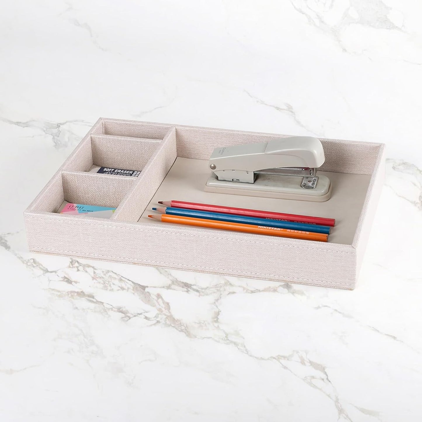 Desktop Storage Organizer, Nightstand or Dresser Organizer, Valet Tray, Entry Table Organizer, 4 Compartments,PU Leather Drawer Storage Organizer Decorative Trays. (Pearl White—2)