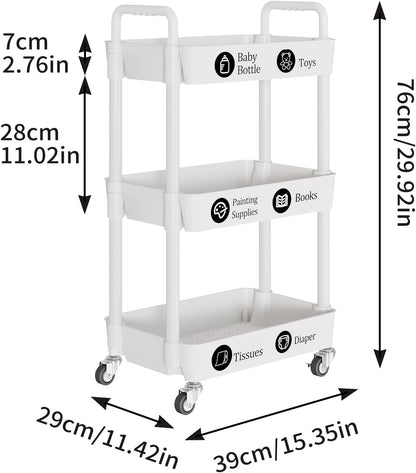 Laiensia 3-Tier Rolling Cart with Wheels,Multifunction Utility Storage carts, Kitchen Storage Organizer,Mobile Shelving Unit for Bathroom,Laundry,with Classified Stickers,White