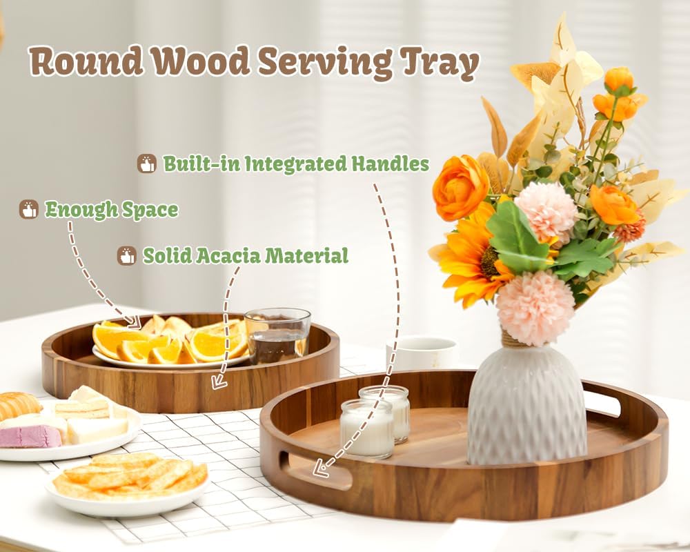 Round Wood Serving Trays Set of 2, Ottoman Tray Rustic Acacia Wooden Trays with Handles, Nesting Circle Tray with 4 Coasters for Coffee Table Living Room Bathroom Bedroom Party