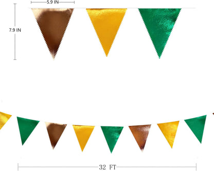 Green Gold Brown Metallic Fabric Triangle Pennant Banner Flag Bunting Garland for Football Jungle Safari Wild Woodland Birthday Baby Shower Wedding Bachelorette Graduations Party Decorations Supplies