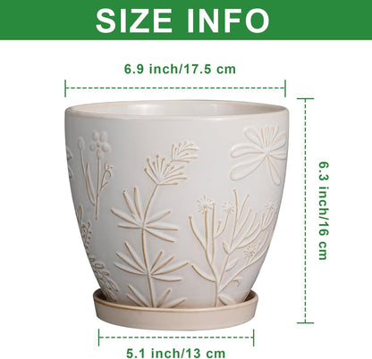 6.9 Inch Ceramic Plant Pot for Indoor Plants Outdoor Round Planter Flower Pot with Drainage Hole and Saucer for Home Garden Office Decor White
