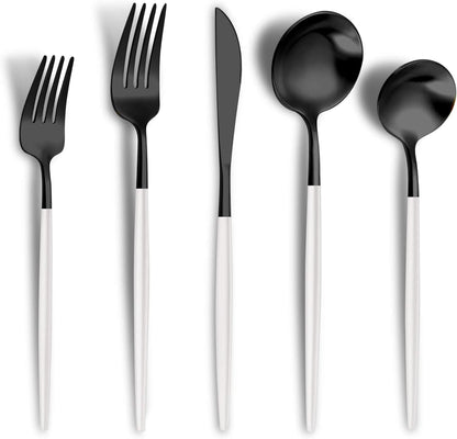 Matte Black White Silverware Set for 4,Modern Stainless Steel Brushed Cutlery Set,20-Pieces Heavy Duty Flatware Set,Knives Spoons and Forks Set Utensils Set, Satin Finish, Dishwasher Safe