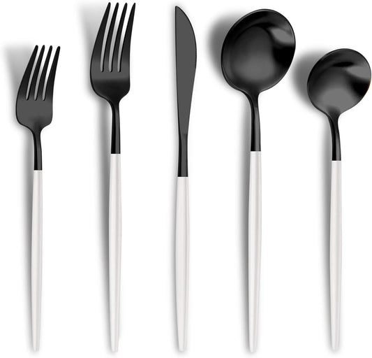 Matte Black White Silverware Set for 6,Modern Stainless Steel Brushed Cutlery Set,30-Pieces Heavy Duty Flatware Set,Knives Spoons and Forks Set Utensils Set, Satin Finish, Dishwasher Safe