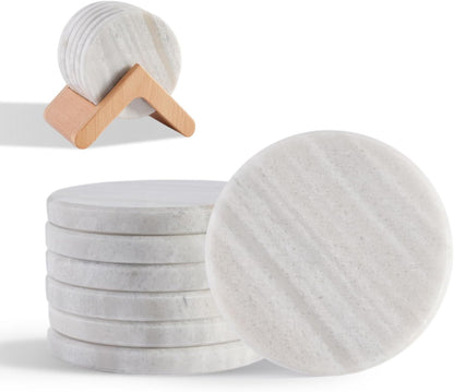 BCS Premium Marble Coasters Set of 6 with Holder - White Stone Drink Coasters for Coffee Table, Durable Cup Mats for Beer, Wine, Beverages - Elegant Home & Office Decor Present