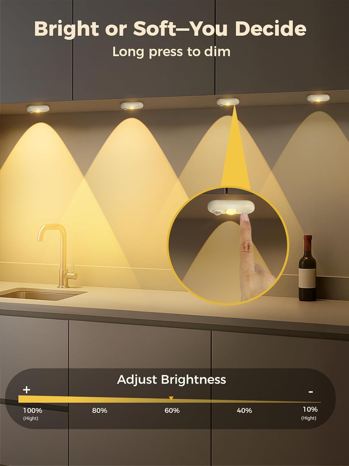 LED Motion Sensor Puck Lights, Under Cabinet Lighting, Indoor Rechargeable Wireless Cabinet Light, Dimmable Magnetic Stick-On Night Lights for Closet, Counter, Kitchen, Stairs, 3000K Warm White 6-Pack