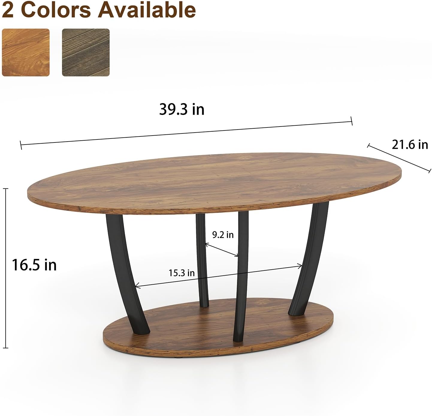 Manora Small Oval Coffee Table with Storage, Farmhouse Industrial Center Table for Living Room, Vintage Tea Table for Small Spaces, Rustic Brown