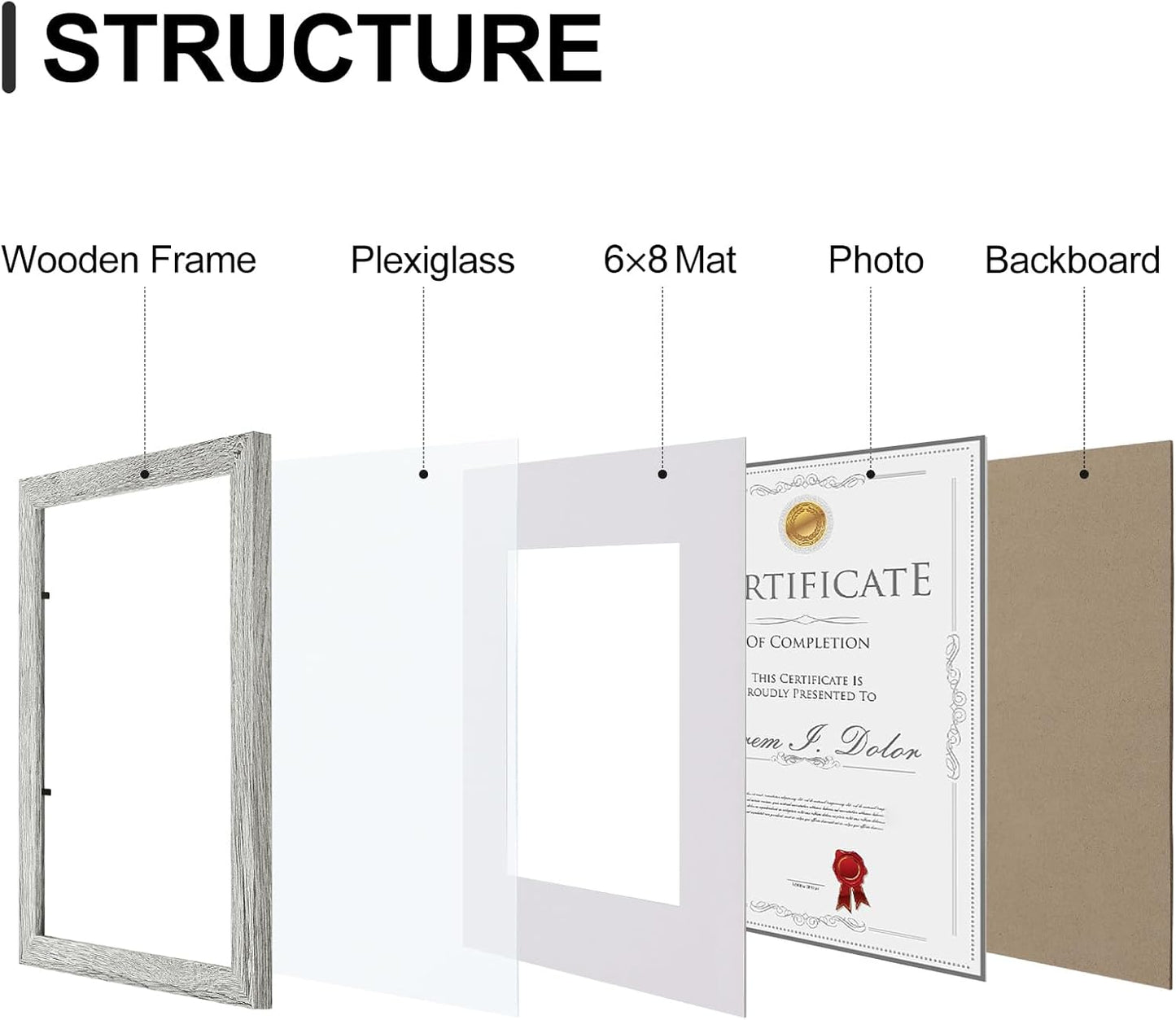 Vittanly 8.5x11 Picture Frames Set of 9, Shatter Resistant Plexiglass, Display 6x8 Pictures with Mat or 8.5x11 without Mat, Photo Frames for Wall or Tabletop, Engineered Wood, Grey