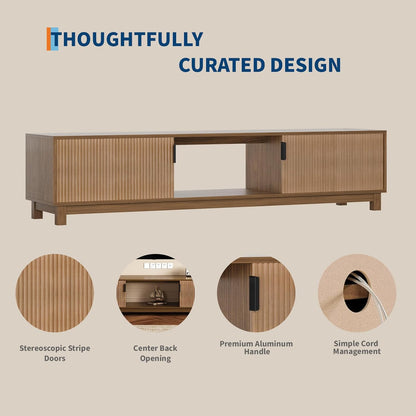 GarveeHome 70" Long TV Stand for Living Room, Mid Century Modern Entertainment Centerfor TVs Up to 80 Inches, TV Console with Fluted Doors & Open Storage Compartment for Livingroom Bedroom- Walnut