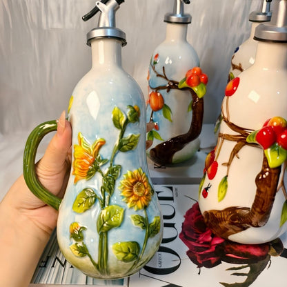 18.26oz/540ml Ceramics Olive Oil Dispenser Bottle,Hand Painted Reliefs Oil Dispenser for Kitchen,Oil Bottles for Kitchen (Sunflower)
