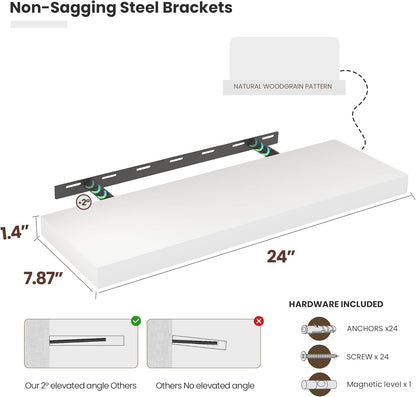 Floating Wood Shelves for Wall 24 Inches x 8”x 1.4” Shelf Floating Home Decor, Heavy Duty Shelf Hold 60 lbs, Wall Shelves for Bathroom Living Room Kitchen Bedroom Office - Set of 2 White