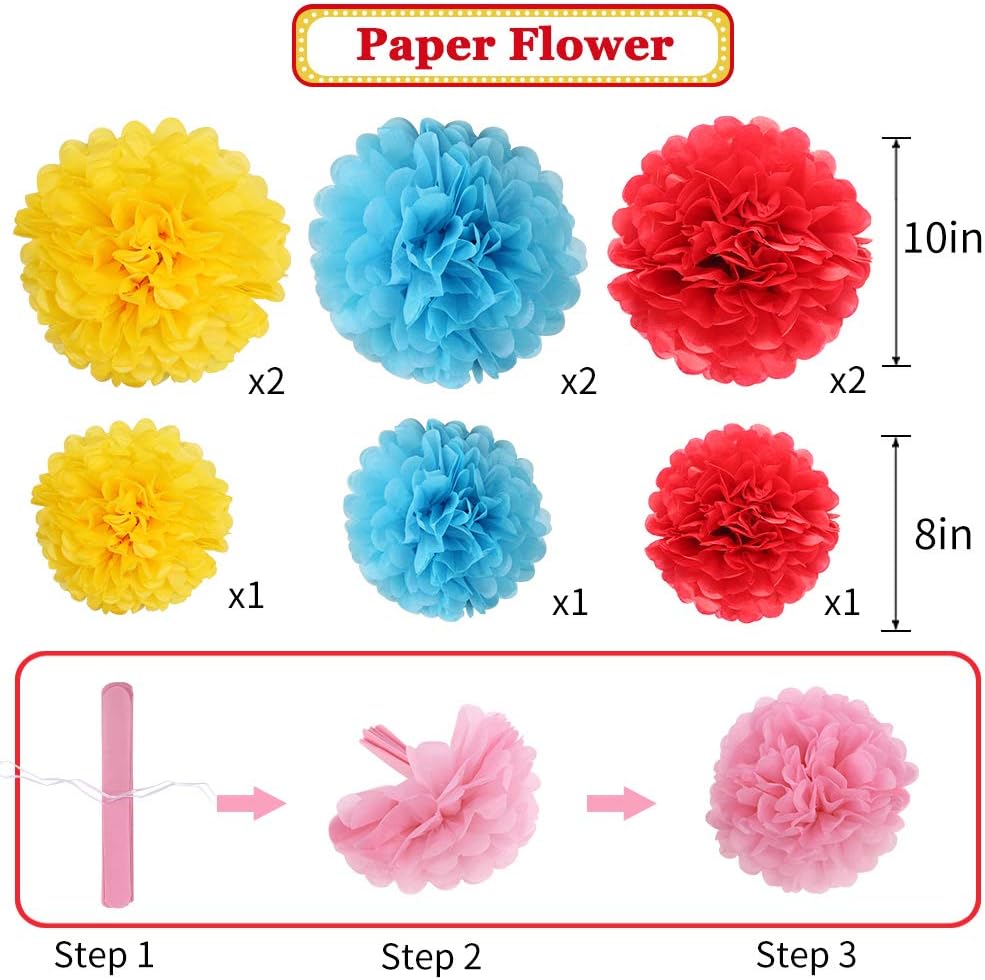 Carnival Circus Party Decorations, Red Yellow Blue Paper Lanterns and Pom Poms Flowers for Birthday Party Baby Showers Carnival Theme Rainbow Party Decor 15PCS
