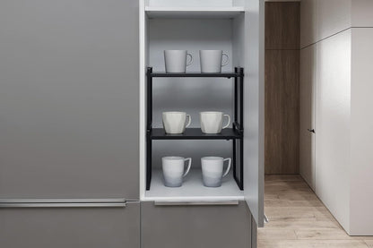 Nxconsu Expandable Cabinet Shelf Organizer Riser for Kitchen Pantry Cupboard Under Sink Countertop Home Storage Organization Rack Space Saver Freestanding Heavy Duty Nonslip Stackable Black