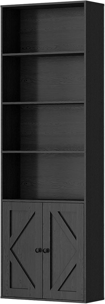 Tall Wooden Bookshelf with Cabinet and Doors – 70.86” Freestanding Tall Bookcase for Heavy Books, Living Room Storage, Home Office Shelf, Bedroom Organization – Vintage Black Wood Book Shelf